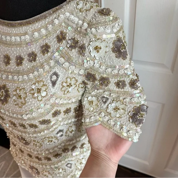 George F. Couture Champagne Hand-beaded and Silk Formal Evening Gown - Picture 4 of 10